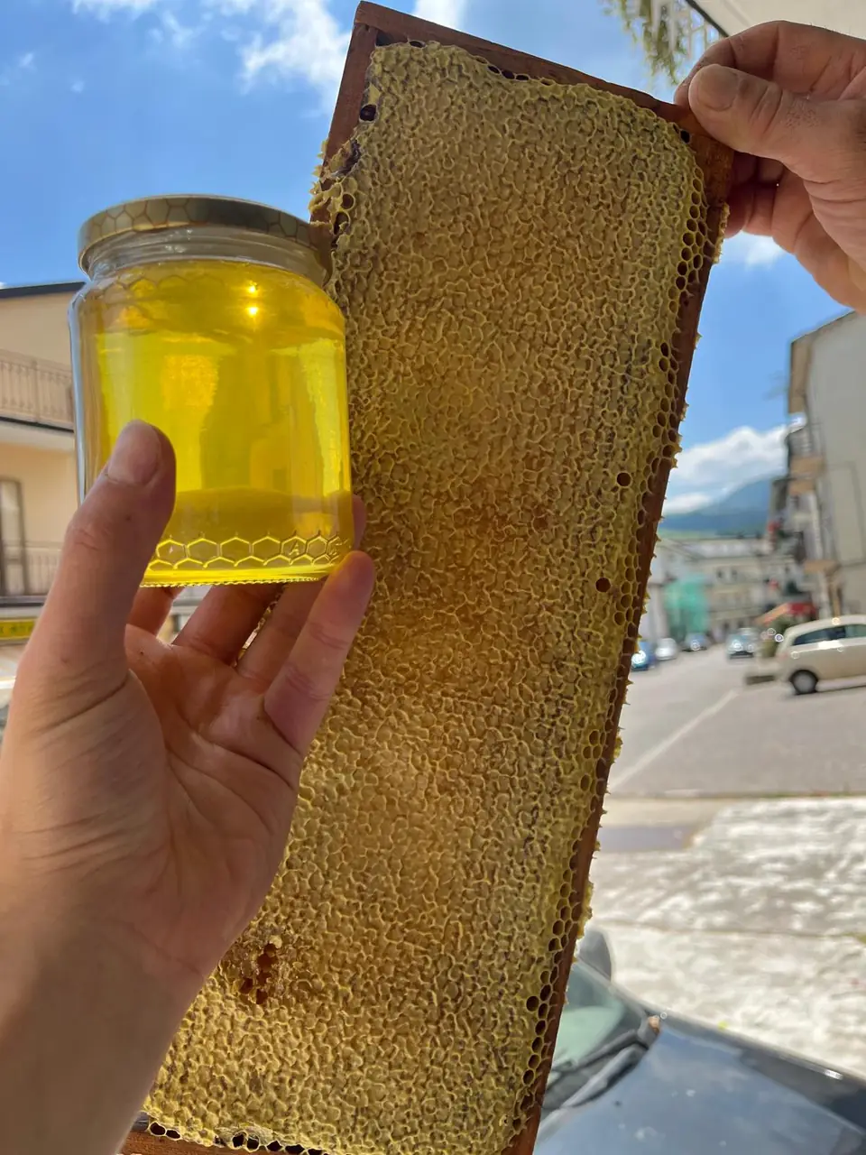 Un vasetto di miele accanto a un telaino di favo
